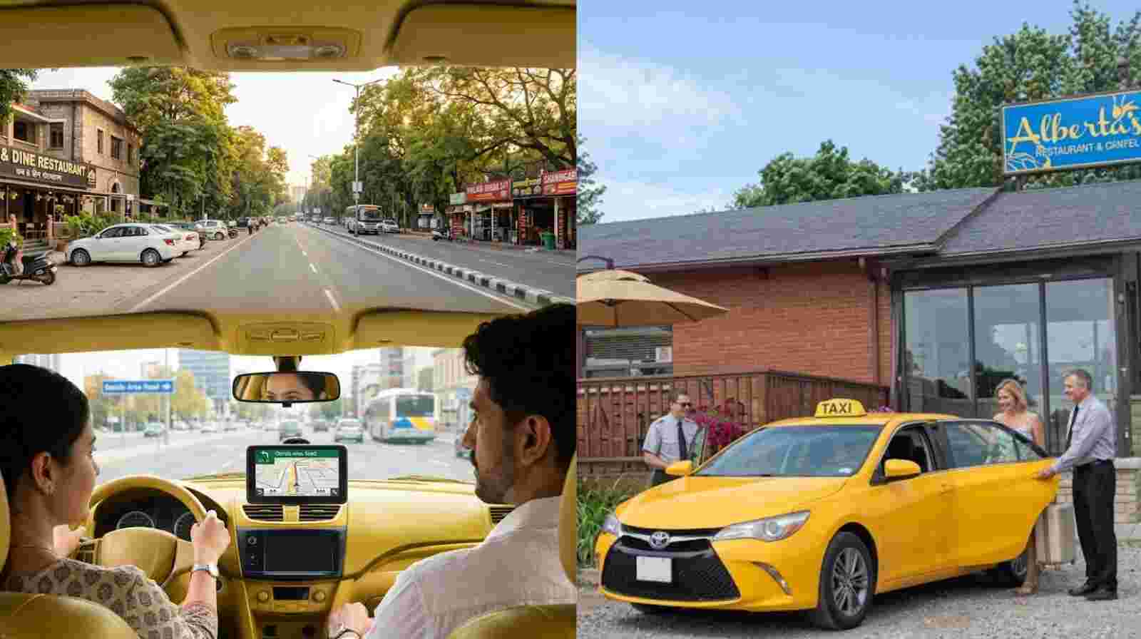 An inside-car view looking through the windshield at a tree-lined street with restaurants, and a separate view showing a woman getting into a yellow taxi with text "Alberta's Taxi". A mounted GPS device is also visible inside.