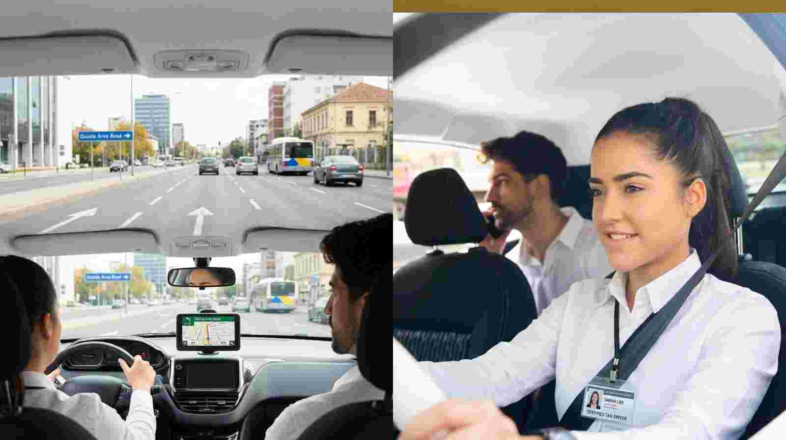 The view from the passenger seat of a modern sedan interior, with a GPS mounted on the dash. In the reflection of the rearview mirror, two people are visible in the back seat. This scene highlights a 24/7 taxi service.