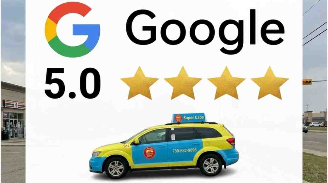 Google Maps screenshot shows Super Cabs GP with a 5.0 star rating. Below the score, the text states "Based on 130+ Reviews." The distinct yellow and blue Dodge Journey minivan is parked in front of a strip mall featuring a 7-Eleven store. All text is crisp and clear against a white background with rounded corners.