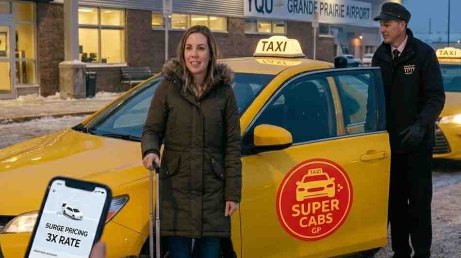 A woman book a online taxi, she gets out of a yellow taxi at the Grande Prairie airport, as the driver holds the door. The image also displays a smartphone screen with the message 'Surge Pricing 3x Rate'.