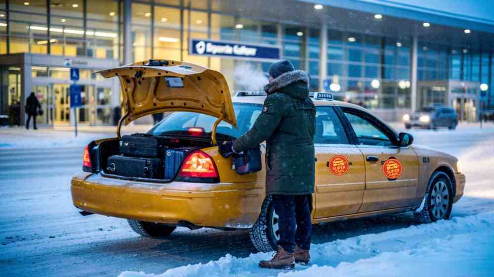 Taxi driver loading luggage at snowy airport in Grande Prairie winter