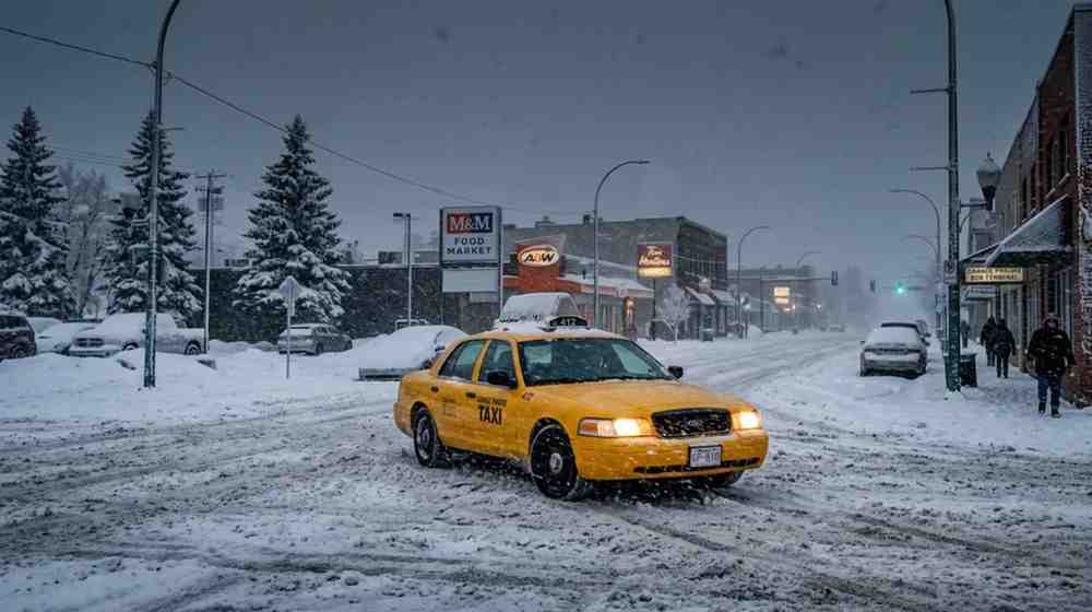 Yellow taxi driving through snowy street during winter, showing why people book taxi online and trust cabs in Grande Prairie.
