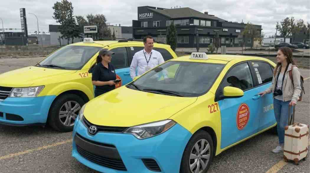 Two professional taxi drivers standing with a traveler next to yellow and blue taxis in Grande Prairie.