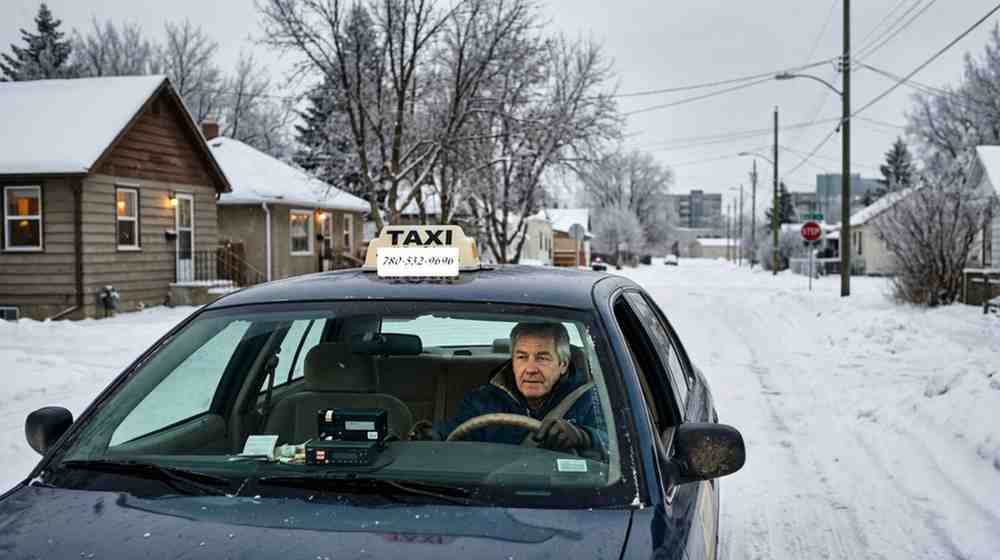 Experienced taxi driver operating a cab during winter morning in a residential street, representing best taxi in Grande Prairie service.