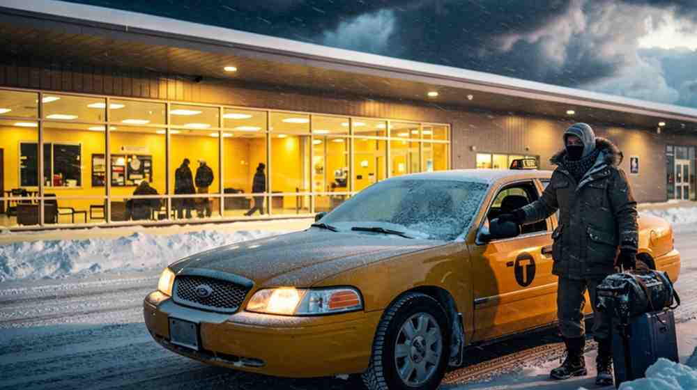 Traveler with luggage standing beside taxi in heavy snowstorm at night
