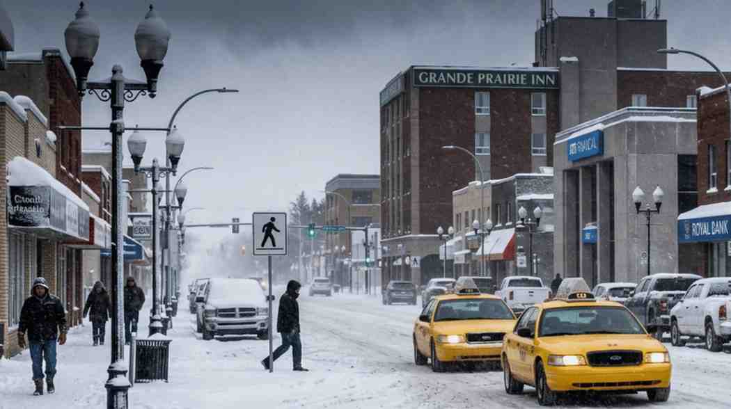 Yellow taxis driving through snowy downtown Grande Prairie street