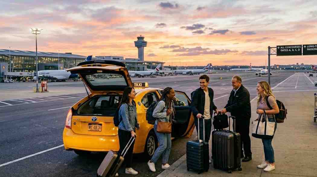 Travelers boarding a taxi at airport terminal using Grande Prairie Cabs for safe airport taxi booking service.