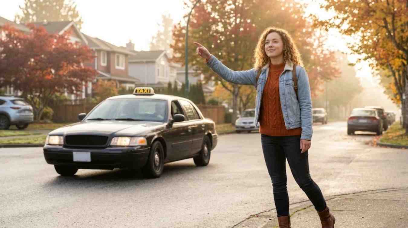 Woman hailing taxi Grande Prairie vehicle in residential area for safe and quick ride home.