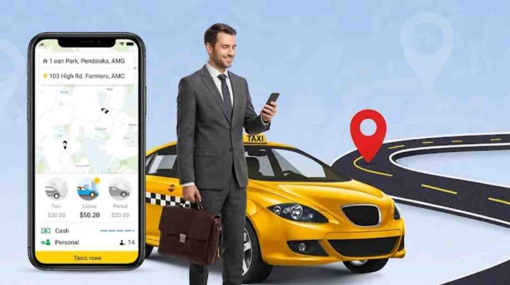 businessman in a suit standing by a yellow cab, with a large smartphone display showing ride options and cash payment settings.