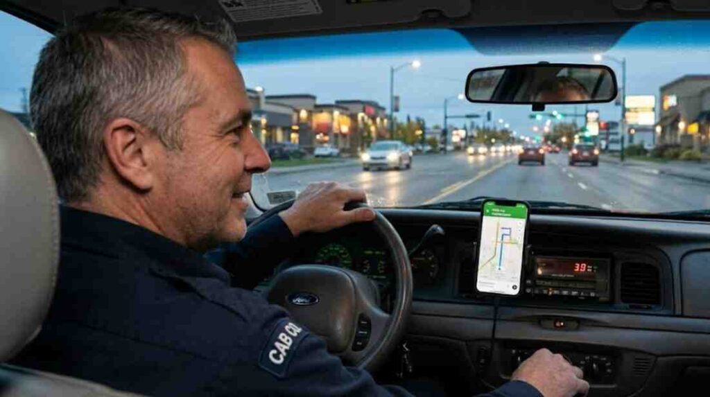 The interior view of a taxi showing a professional driver at the wheel with a mounted smartphone displaying a navigation route.