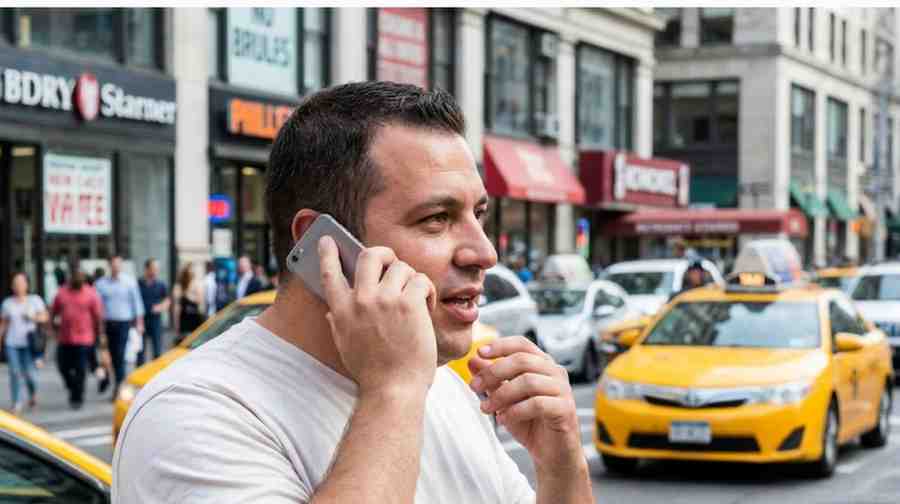 A man talks on the phone while standing on a busy city street, with multiple yellow cabs in the background. The image implies he's making arrangements for his travel.