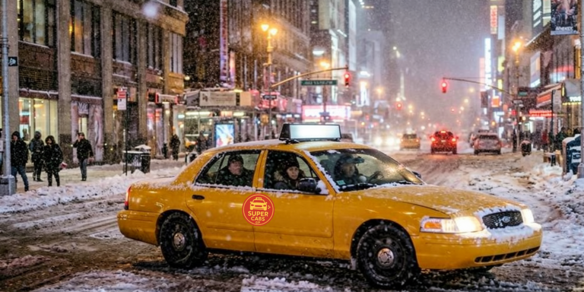 Yellow taxi driving through snowy city street at night, representing safe and reliable book taxi online cabs service.