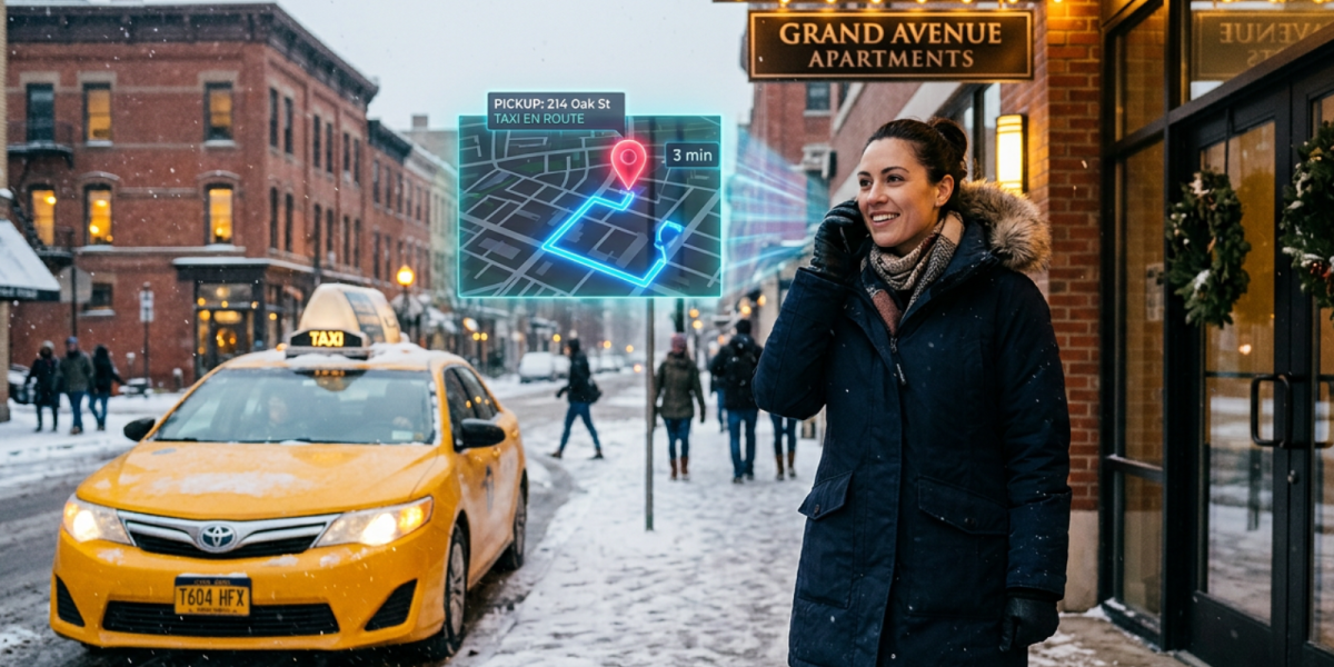 Woman booking taxi online on snowy street with cab arriving, showing fast pickup service by reliable cabs in winter conditions.