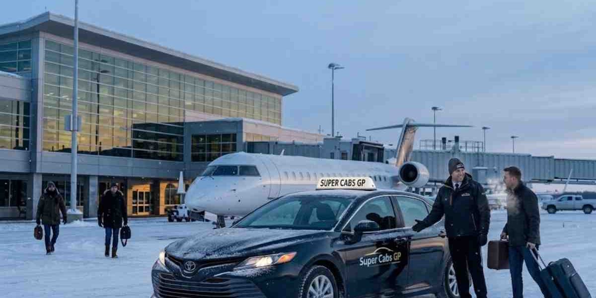 A Super Cabs GP driver assisting a passenger with luggage at Grande Prairie Airport during winter
