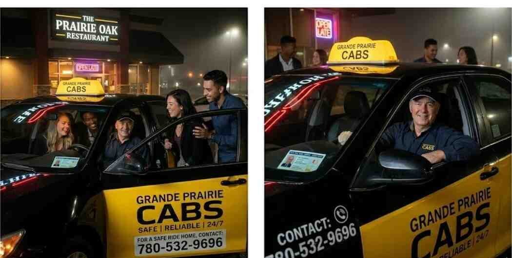 Group entering Grande Prairie taxi cabs outside restaurant at night for safe ride home.